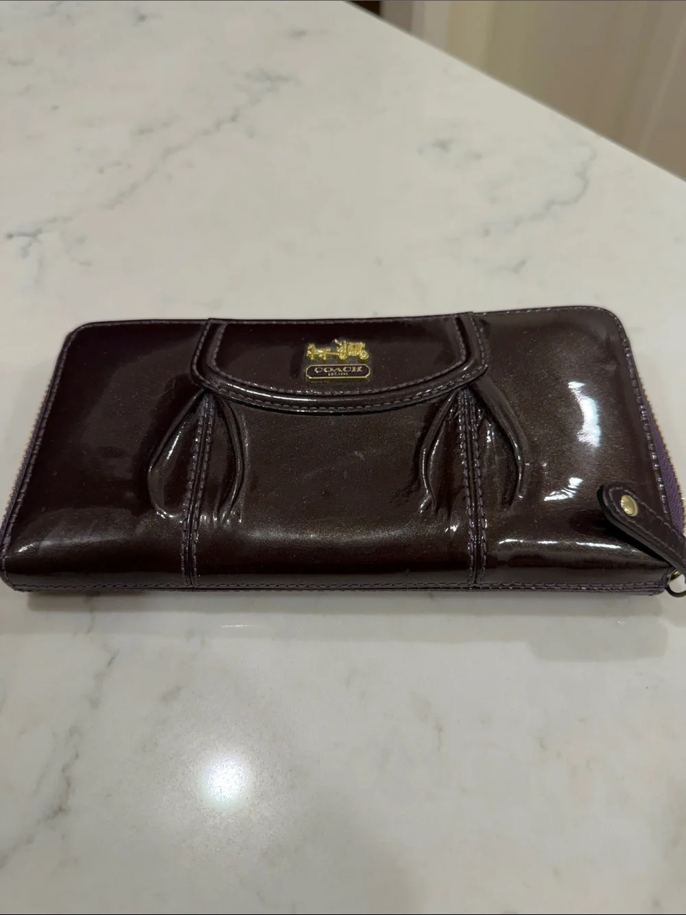 Coach Patent Leather Zip Wallet - purple with Gold shimmer